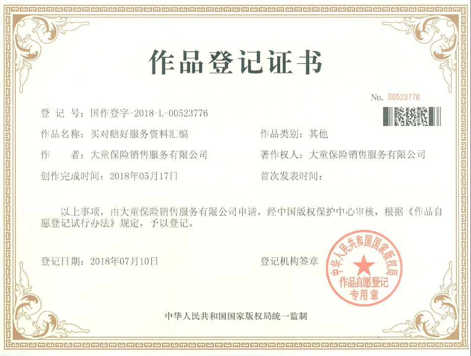 大童“买对赔好”、保单托管服务成功申报汇编作品著作权保护